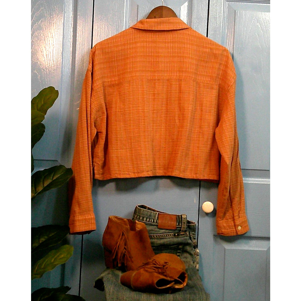 NWT Arizona Co Orange Plaid Button Up Long Sleeve Cropped Blouse-Medium RTL $36 - Picture 4 of 11